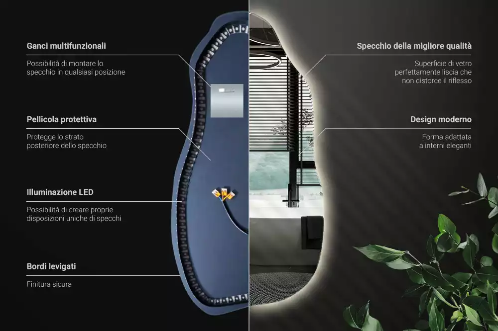 Lustro asymetryczne z podświetleniem LED, wiszące