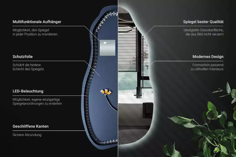 Lustro asymetryczne z podświetleniem LED, wiszące
