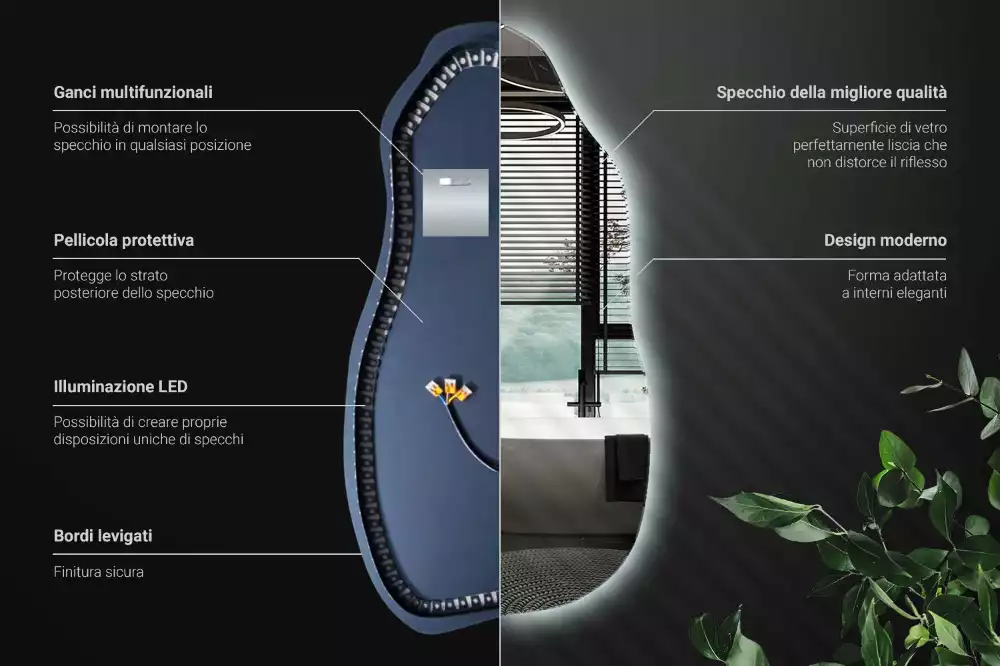 Lustro asymetryczne z podświetleniem LED, wiszące