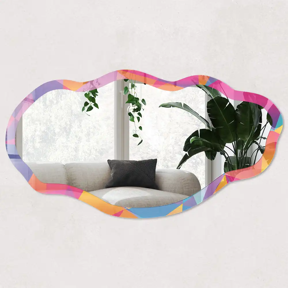Nieregularne lustro w ramce z kolorowym nadrukiem mozaiki