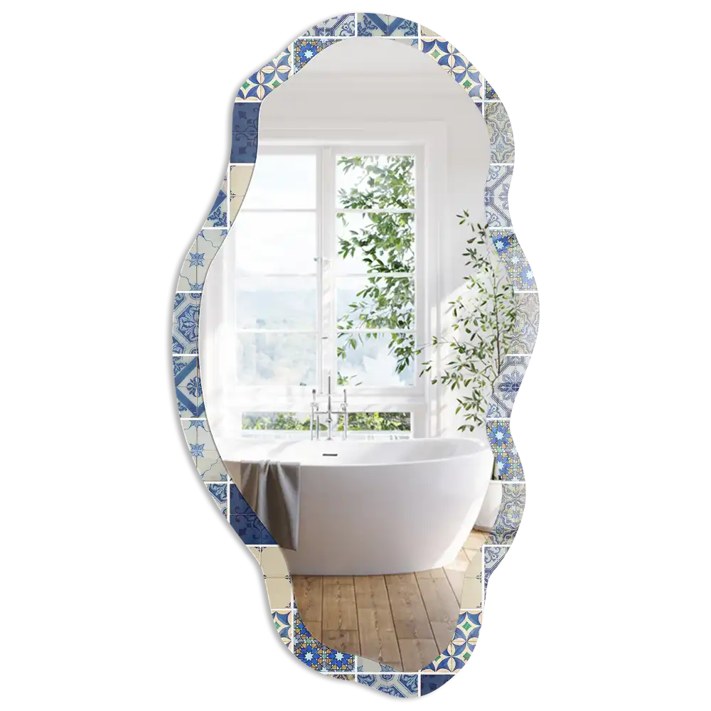 Nieregularne lustro z nadrukiem w stylu płytek azulejos