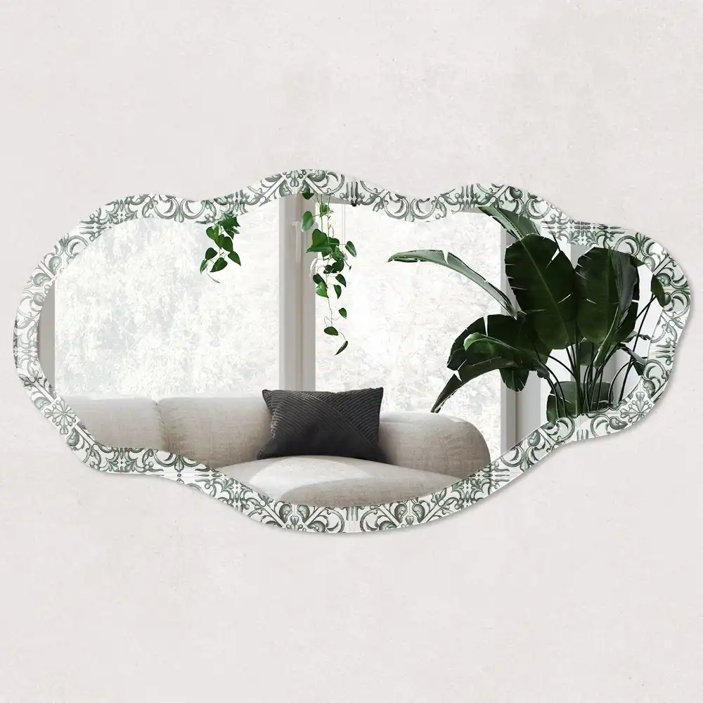 Nieregularne lustro z nadrukiem zielony ornament