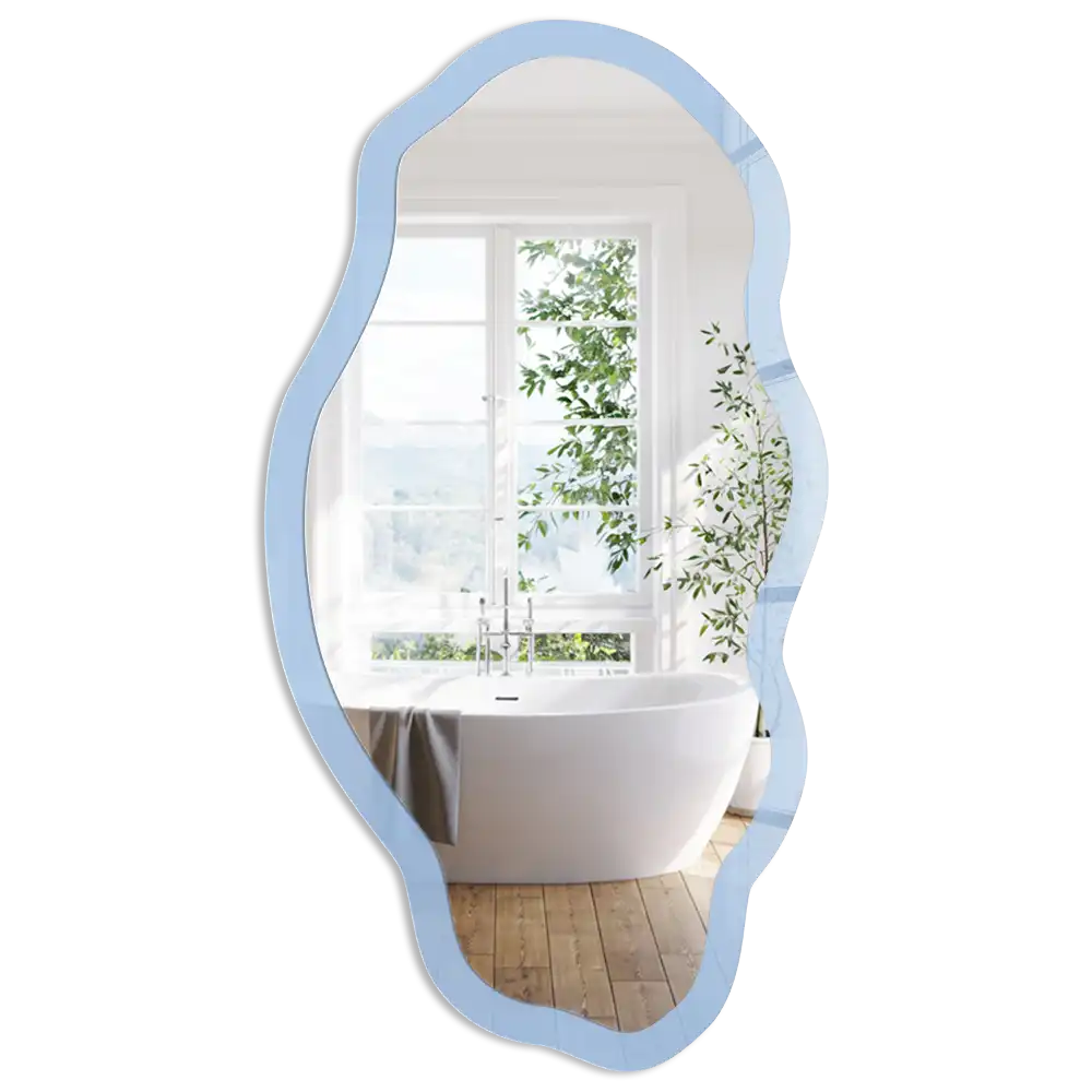 Nieregularne lustro w ramce z nadrukiem w kolorze baby blue