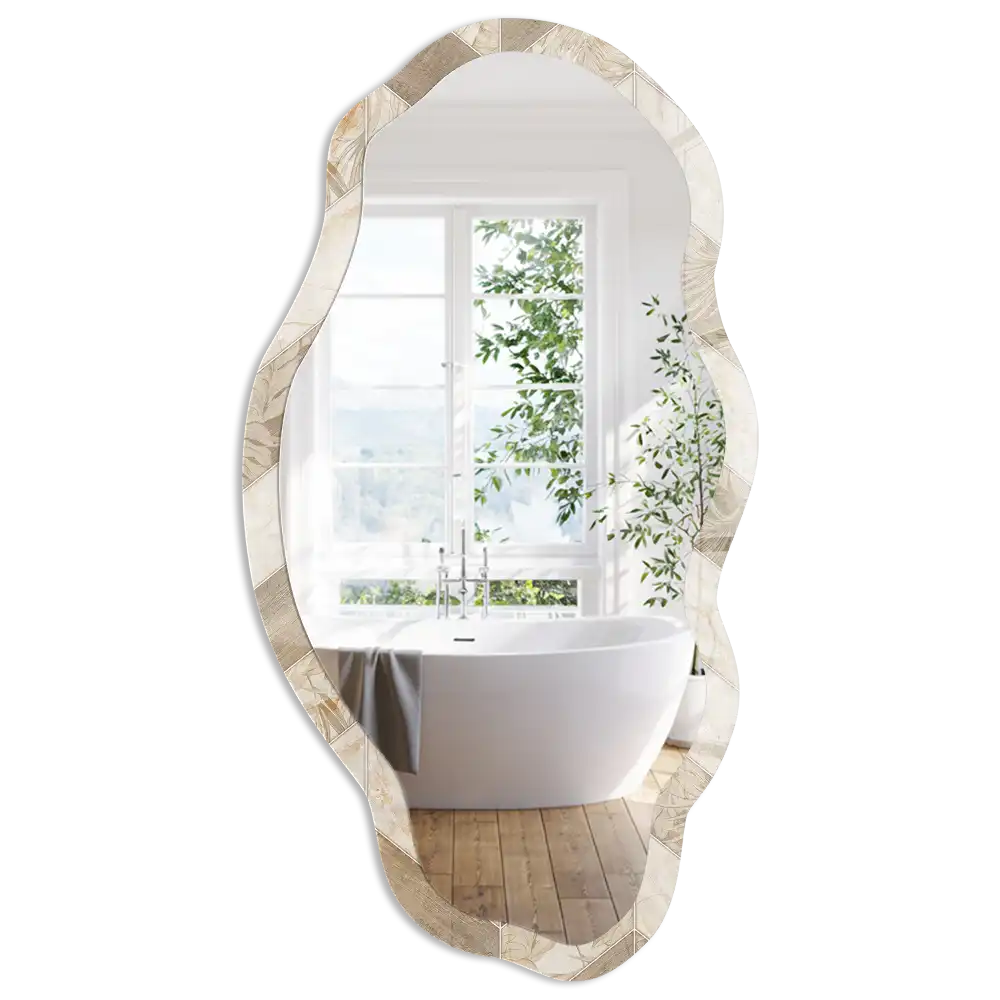 Lustro o nieregularnym kształcie z nadrukiem liści i motywem jodełki w ramce