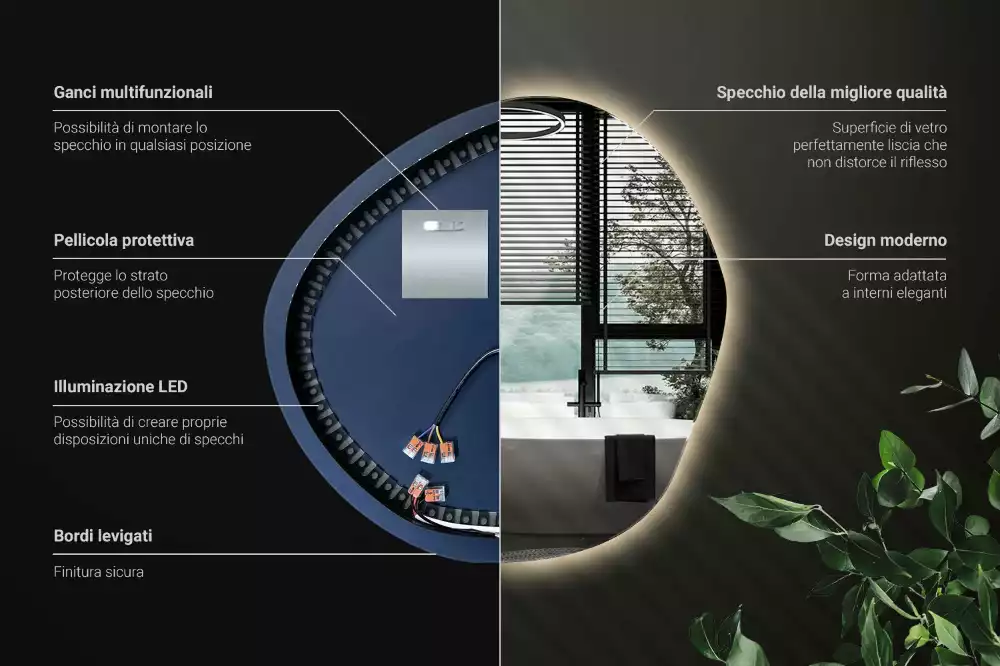 Nieregularne lustro podświetlane w stylu minimalistycznym na ścianę