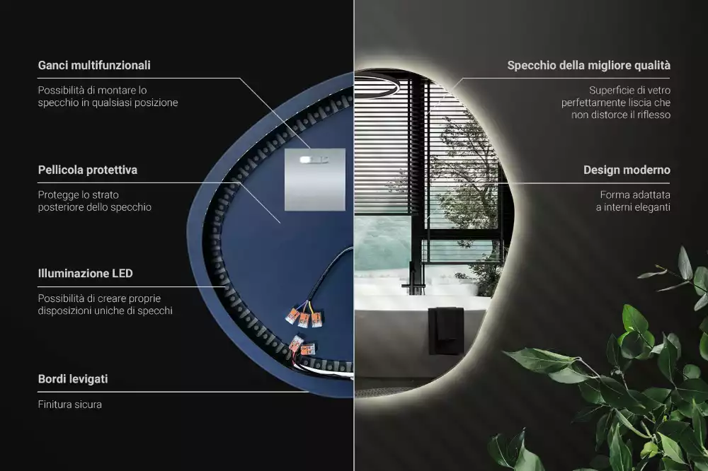 Nieregularne lustro podświetlane w stylu minimalistycznym na ścianę
