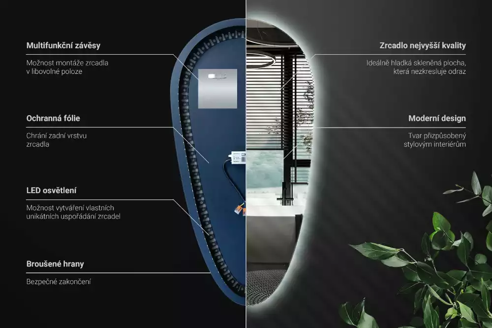 Lustro LED w kształcie kropli wody przeznaczone do zawieszenia na ścianie