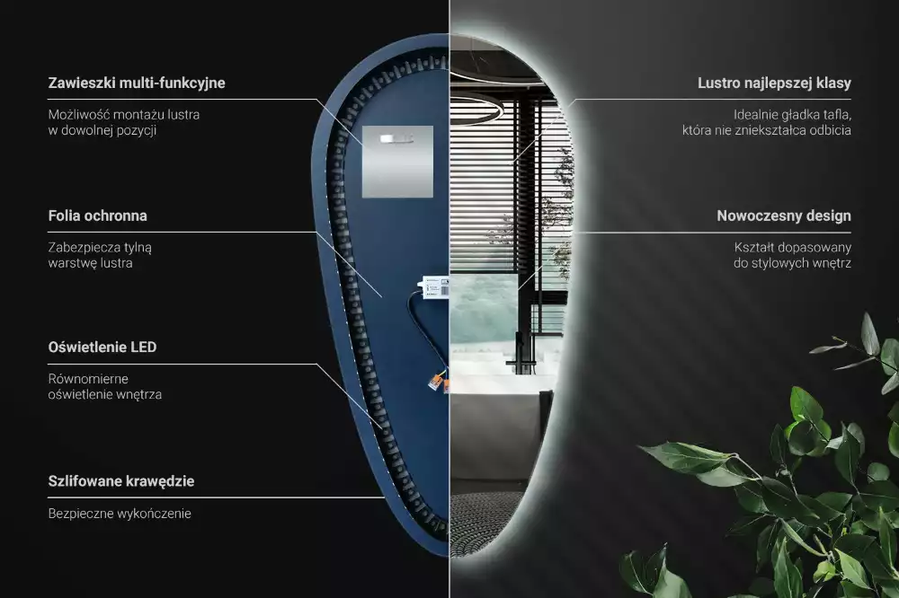 Lustro LED w kształcie kropli wody przeznaczone do zawieszenia na ścianie