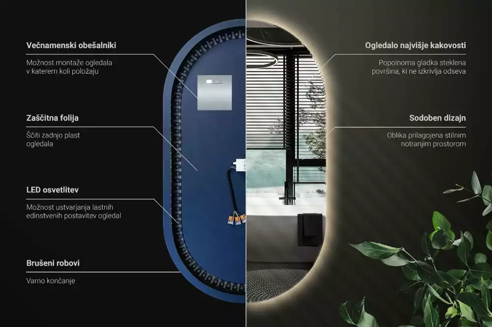 Owalne lustro ścienne z podświetleniem LED, eleganckie