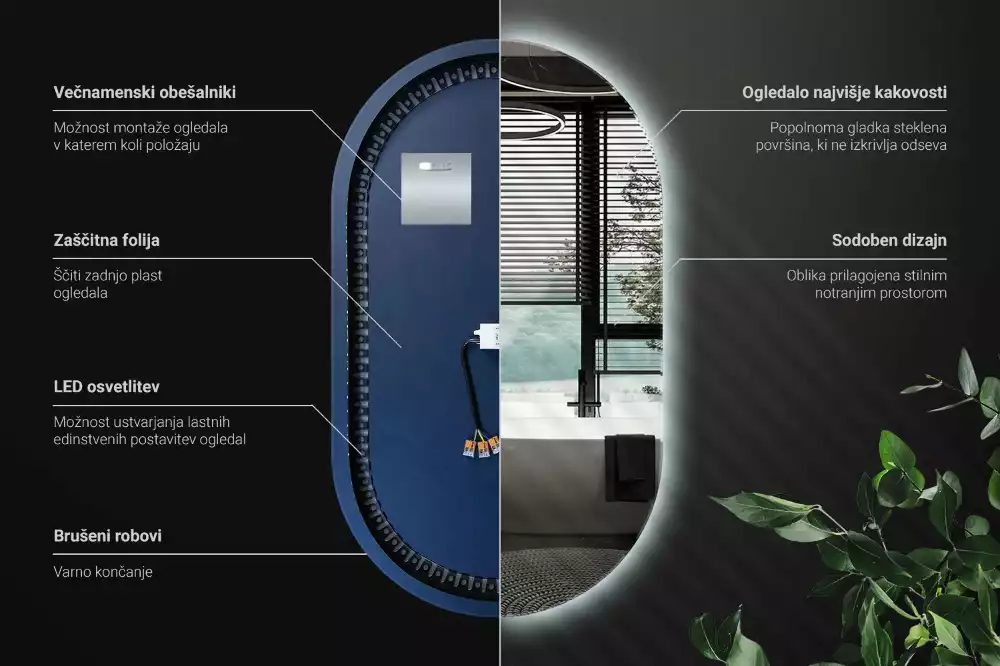 Owalne lustro ścienne z podświetleniem LED, eleganckie