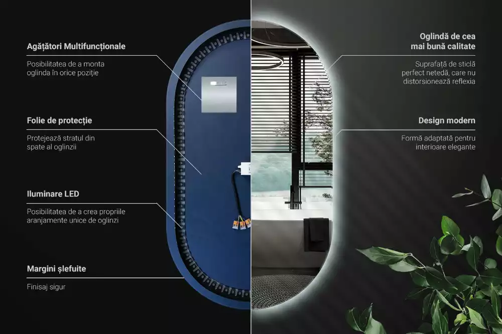 Owalne lustro ścienne z podświetleniem LED, eleganckie