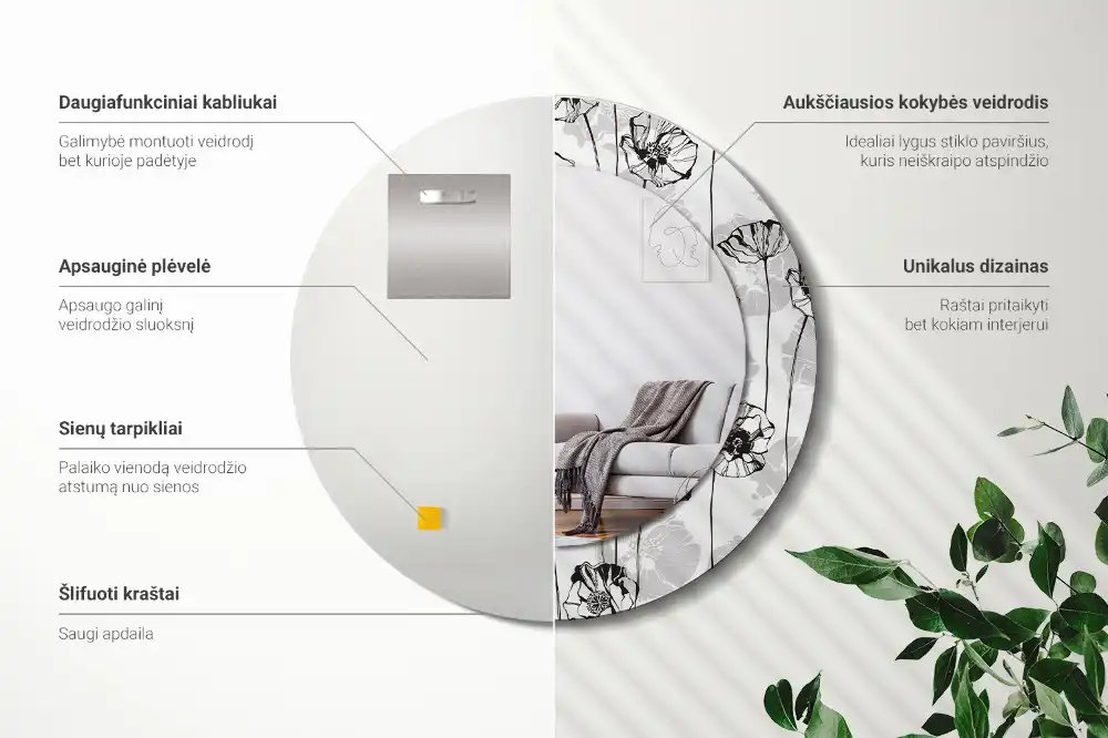 Lustro z nadrukiem okrągłe kwiaty makowe