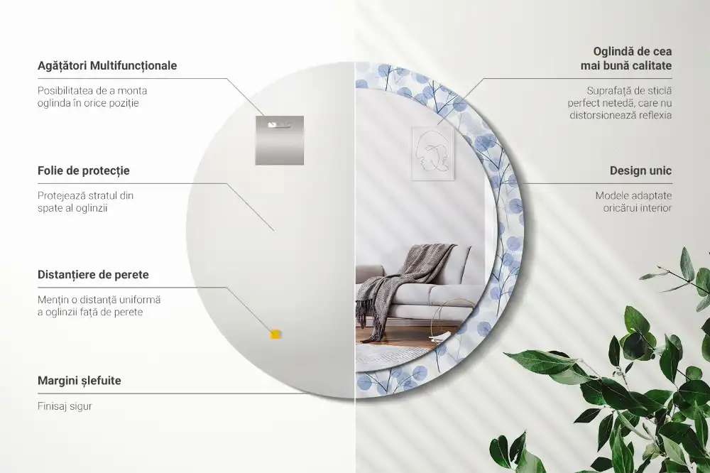 Lustro ramka z nadrukiem okrągłe gałązki z liśćmi