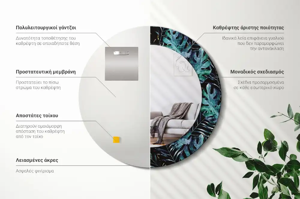 Lustro z drukowaną ramką okrągłe liście egzotyczne