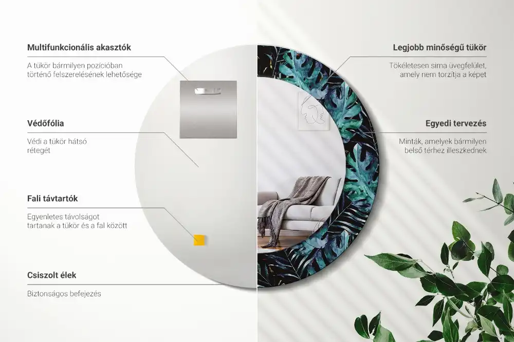 Lustro z drukowaną ramką okrągłe liście egzotyczne