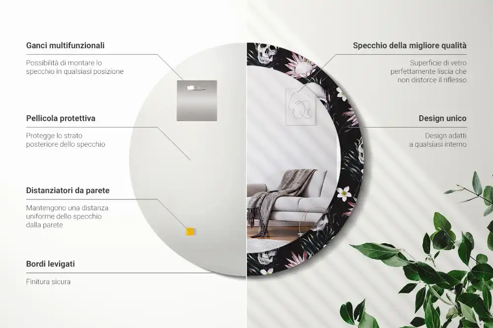 Lustro z nadrukiem dekoracyjne okrągłe czaszki z kwiatami