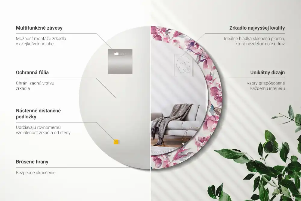 Lustro z nadrukiem dekoracyjne okrągłe kwiaty piwonii