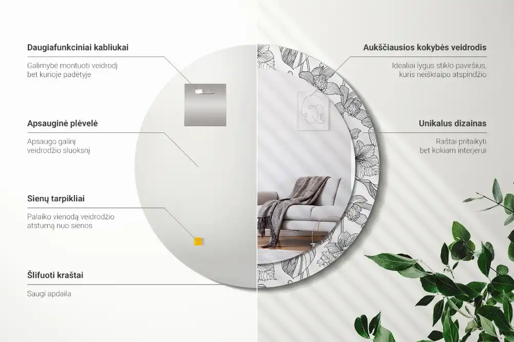 Lustro z nadrukiem dekoracyjne okrągłe wzór kwiatowy