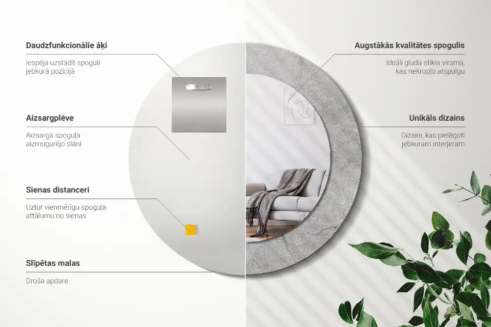 Lustro z drukowaną ramką okrągłe cement szary