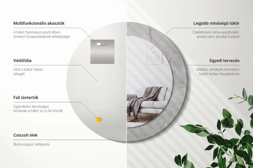 Lustro z drukowaną ramką okrągłe cement szary
