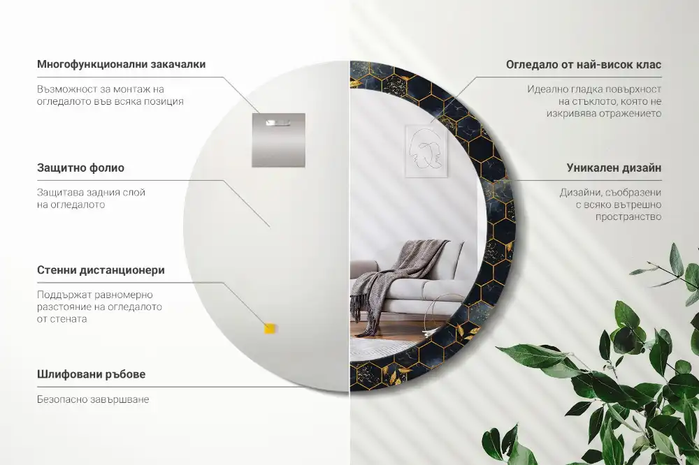 Lustro z drukowaną ramką okrągłe heksagonalny marmur