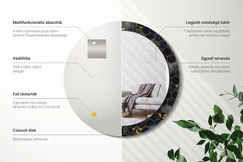 Lustro z drukowaną ramką okrągłe heksagonalny marmur