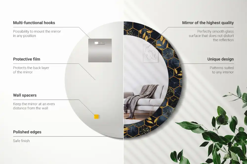 Lustro z drukowaną ramką okrągłe heksagonalny marmur