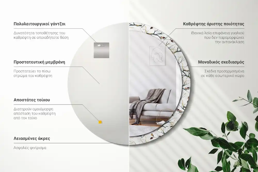Lustro z drukowaną ramką okrągłe wróble na gałęziach