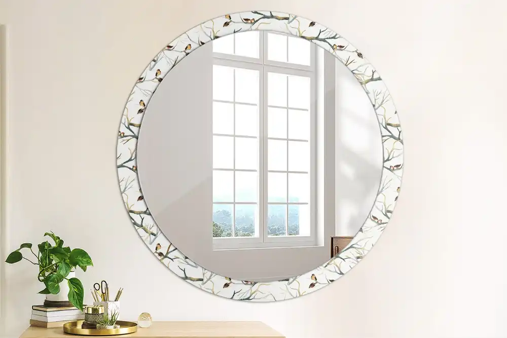 Lustro z drukowaną ramką okrągłe wróble na gałęziach