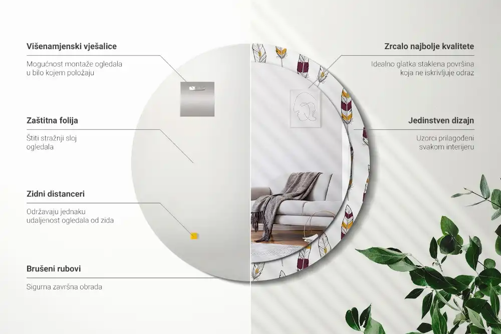 Lustro z drukowaną ramką okrągłe piórka