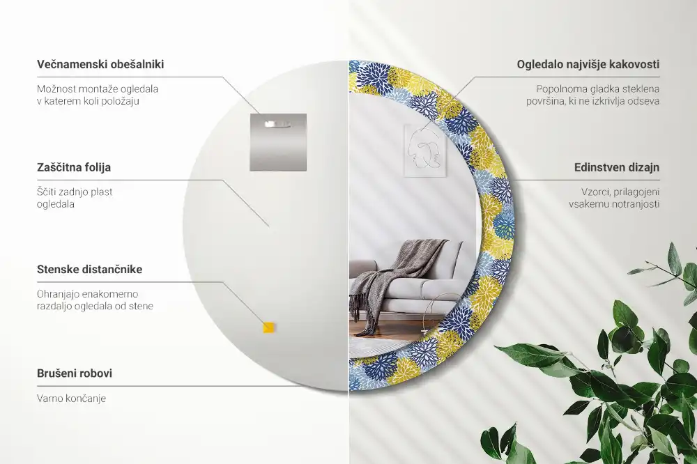 Lustro z drukowaną ramką okrągłe błękitne kwiaty