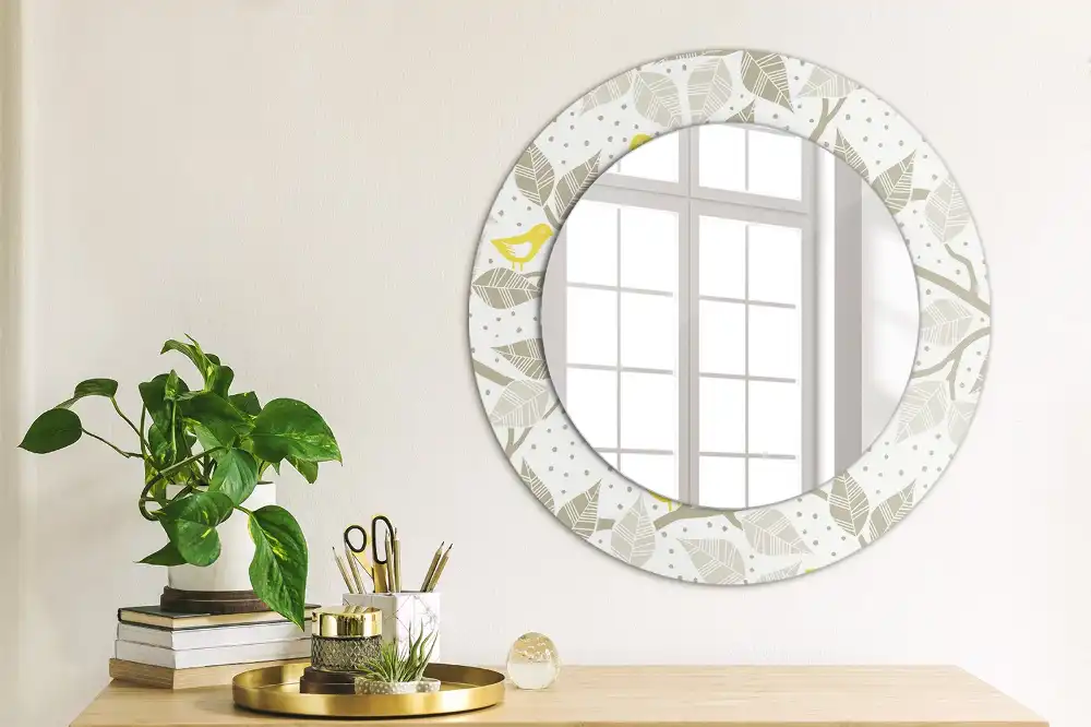 Lustro z drukowaną ramką okrągłe żółte ptaszki na gałązkach