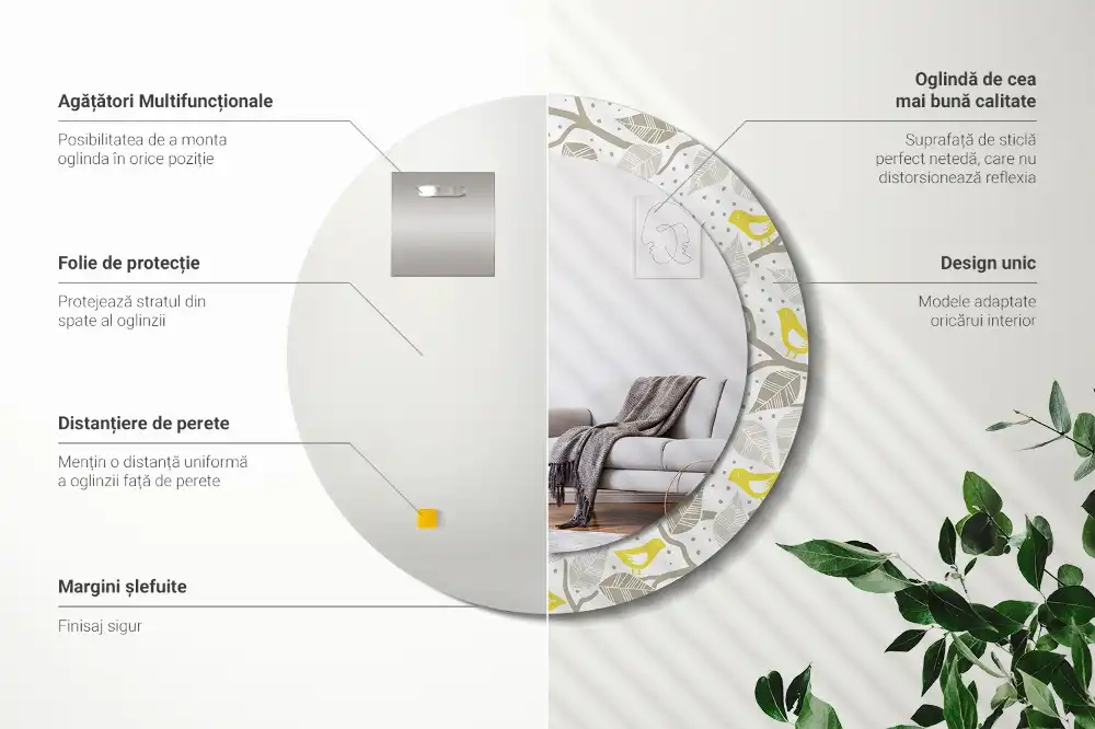 Lustro z drukowaną ramką okrągłe żółte ptaszki na gałązkach