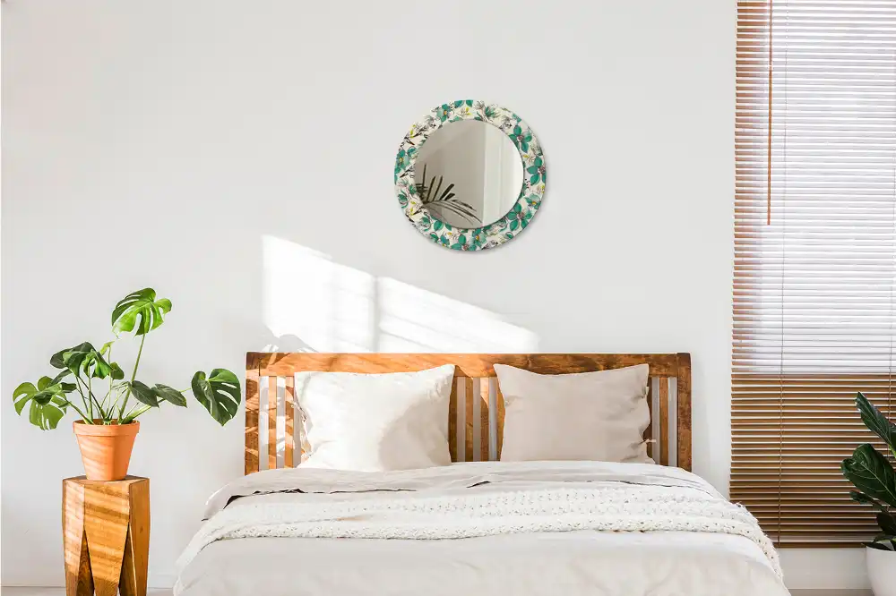 Lustro z drukowaną ramką okrągłe ptaki i kwiaty