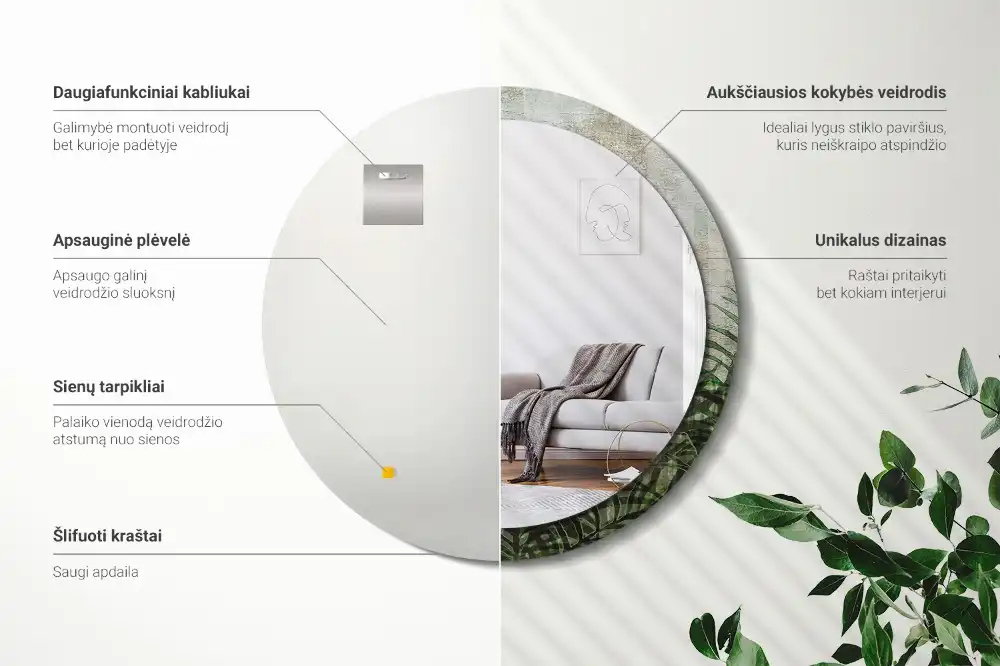 Lustro z nadrukiem dekoracyjne okrągłe liście paprotki