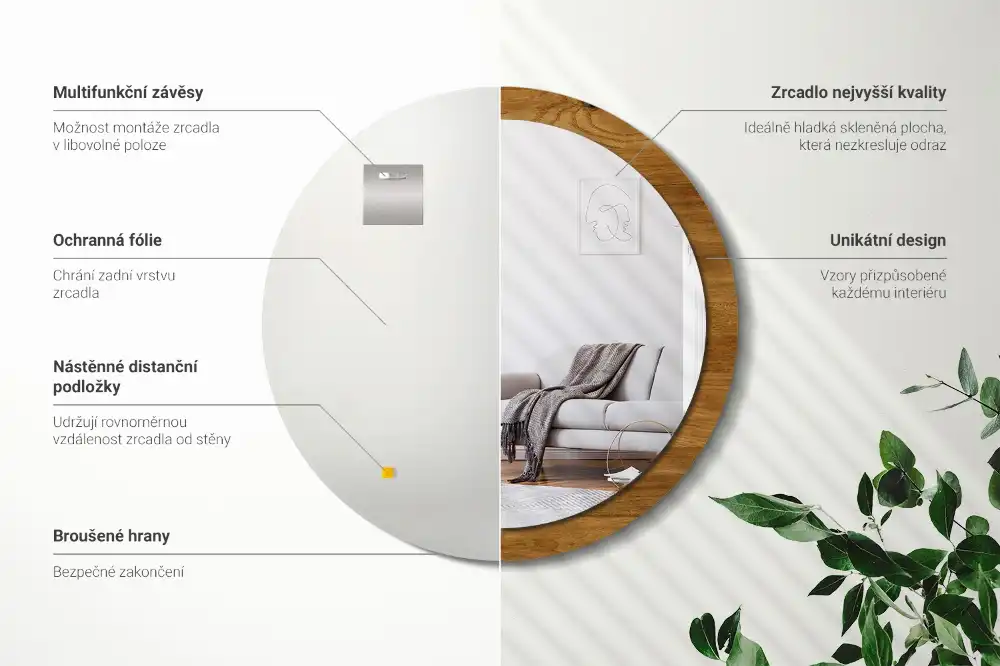 Lustro ramka z nadrukiem okrągłe dąb rustykalny
