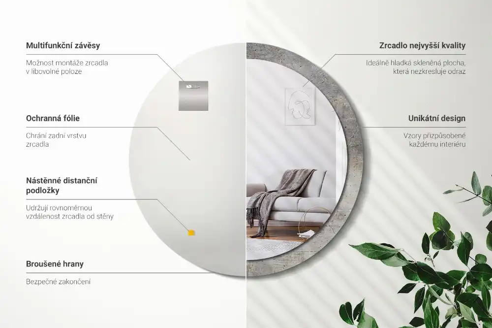 Lustro ramka z nadrukiem okrągłe beton szary