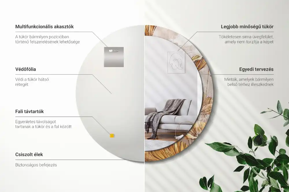 Lustro ramka z nadrukiem okrągłe liście w stylu boho