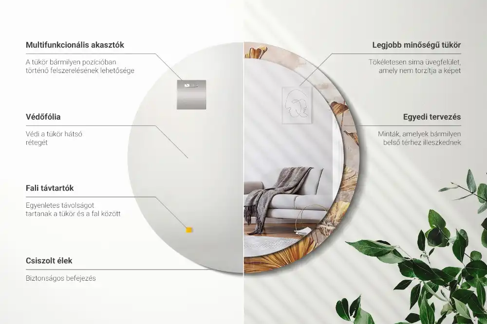 Lustro ramka z nadrukiem okrągłe liście w stylu boho