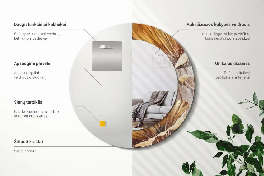 Lustro ramka z nadrukiem okrągłe liście w stylu boho