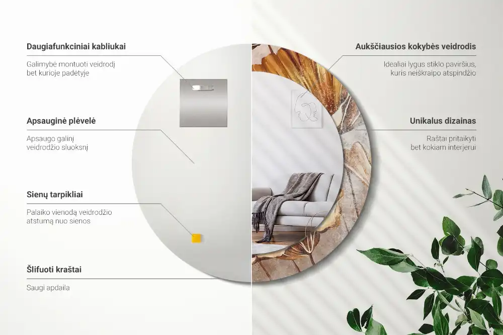 Lustro ramka z nadrukiem okrągłe liście w stylu boho