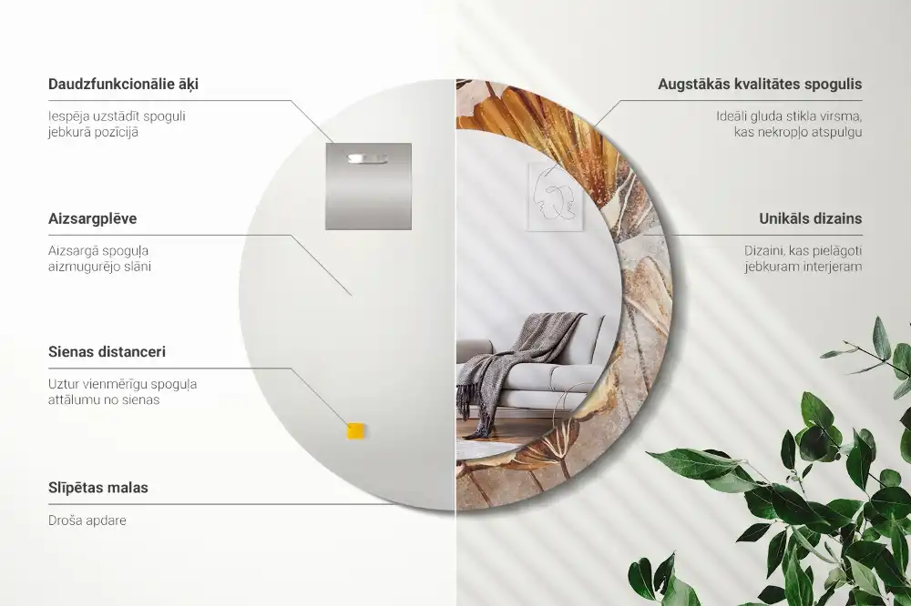 Lustro ramka z nadrukiem okrągłe liście w stylu boho