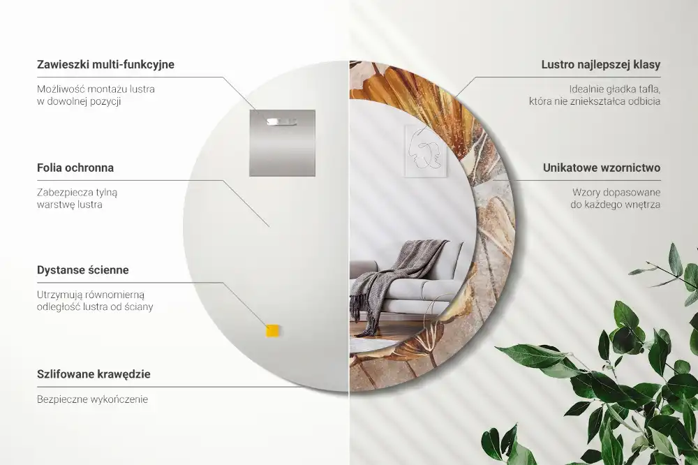Lustro ramka z nadrukiem okrągłe liście w stylu boho