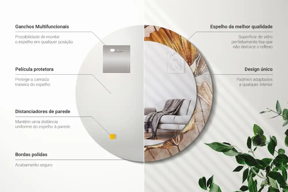 Lustro ramka z nadrukiem okrągłe liście w stylu boho