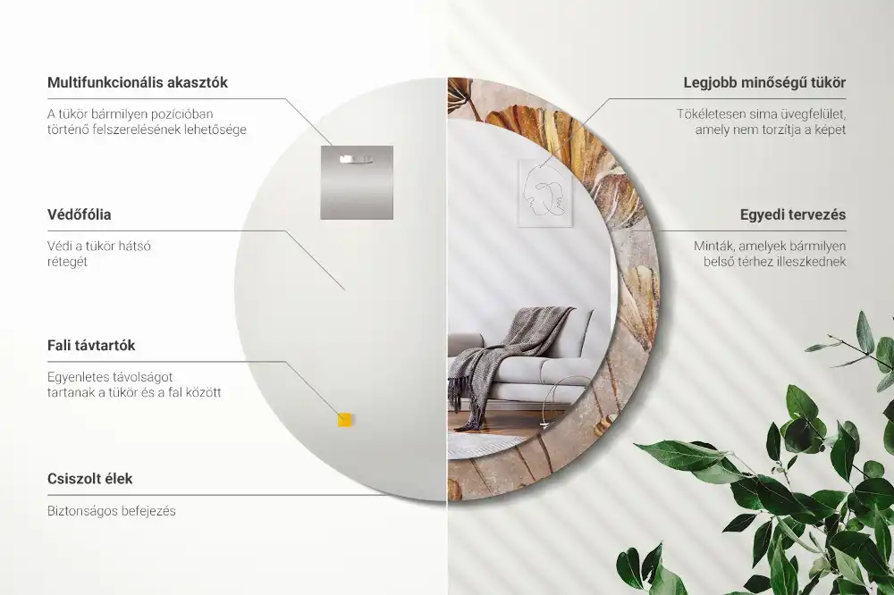 Lustro ramka z nadrukiem okrągłe liście w stylu boho
