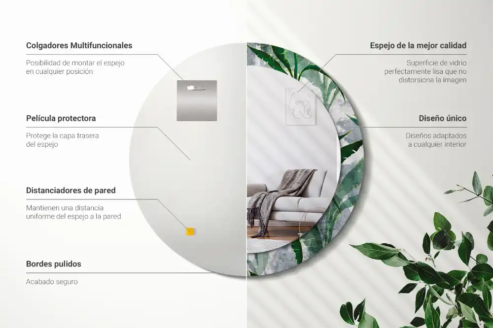 Lustro ramka z nadrukiem okrągłe liście tropikalne
