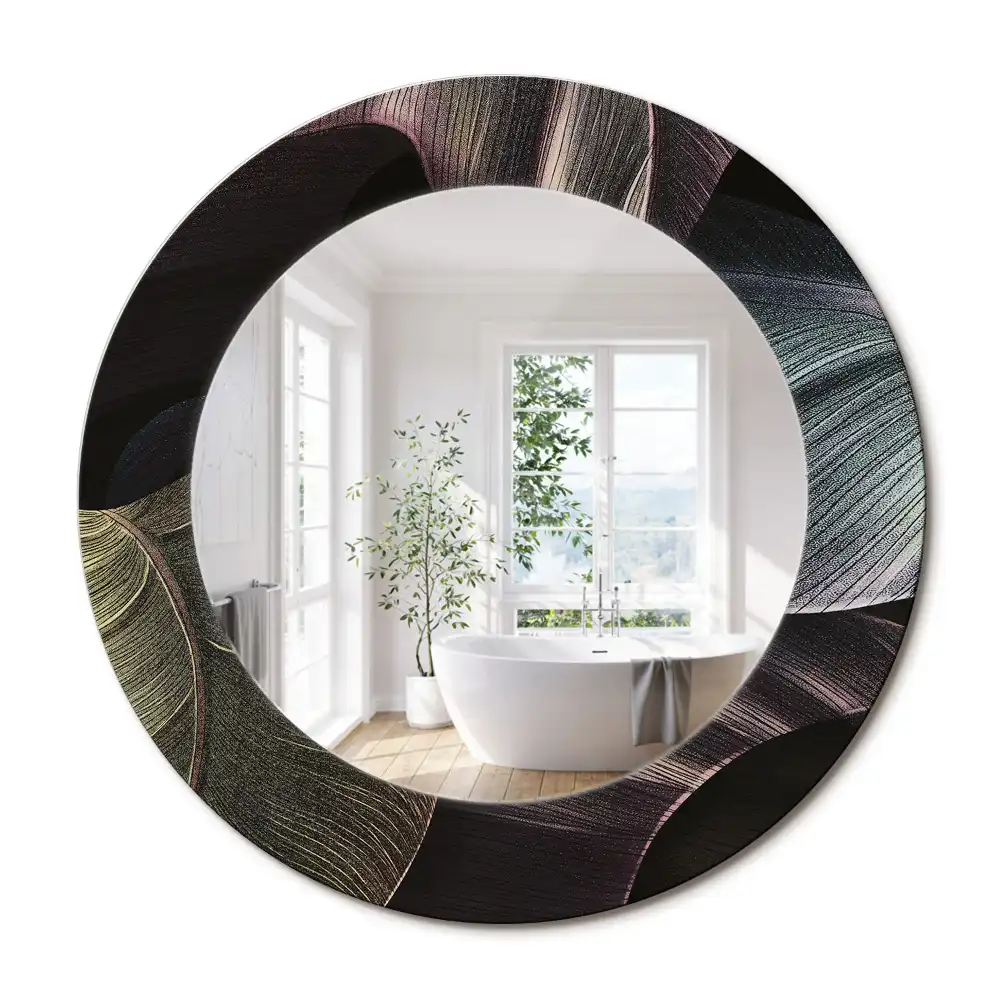 Lustro z drukowaną ramką okrągłe tropikalne liście w ciemnych tonach