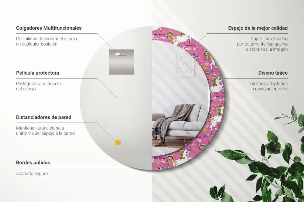 Lustro ramka z nadrukiem okrągłe bajkowy jednorożec