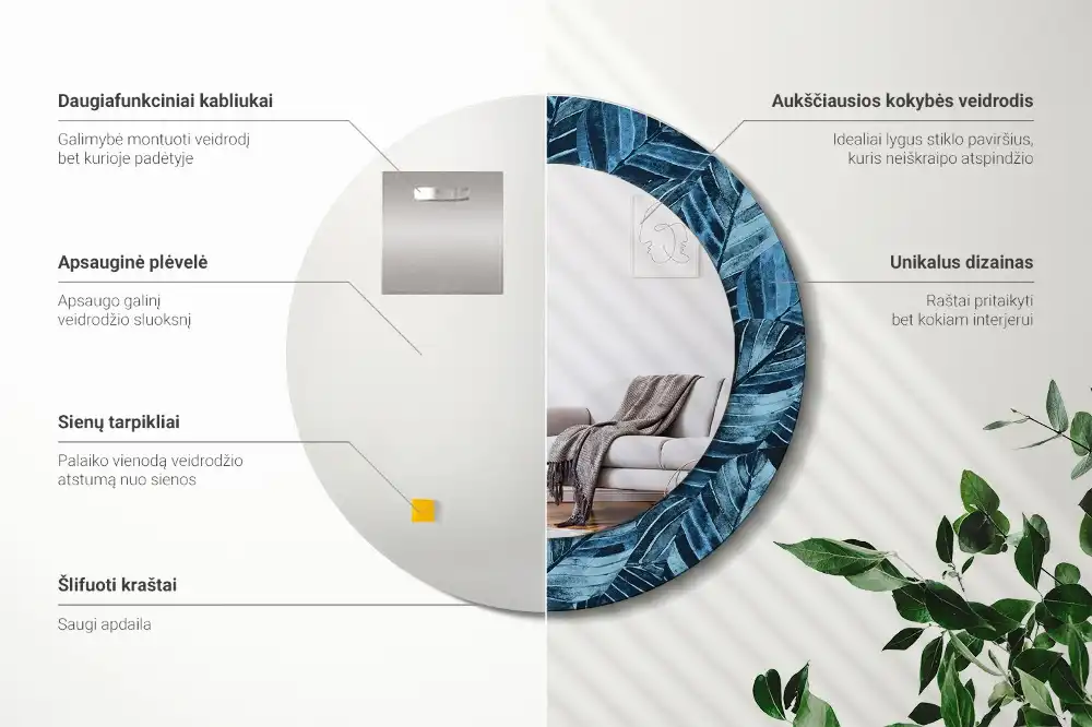 Lustro z drukowaną ramką okrągłe dżunglowe liście