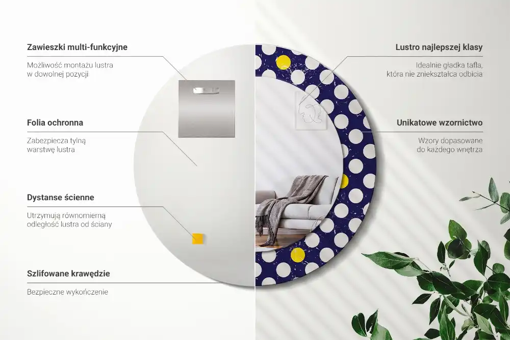 Lustro ramka z nadrukiem okrągłe kropki w stylu retro